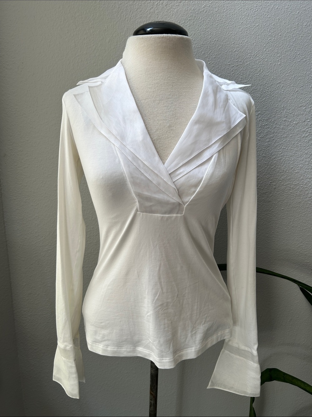 Anne Fontaine White Knit Blouse with Organza Layered Collar & Cuffs XS
